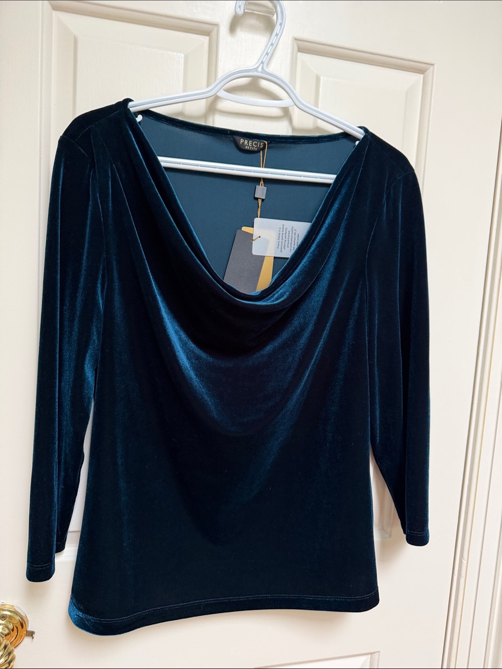 NWT Precis Petite sz L Deep Teal Cowlneck Velour Velvet top - quiet luxe